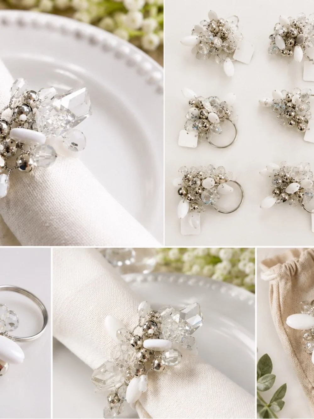Pier 1 White and Silver Beaded Floral Napkin Rings (Set)